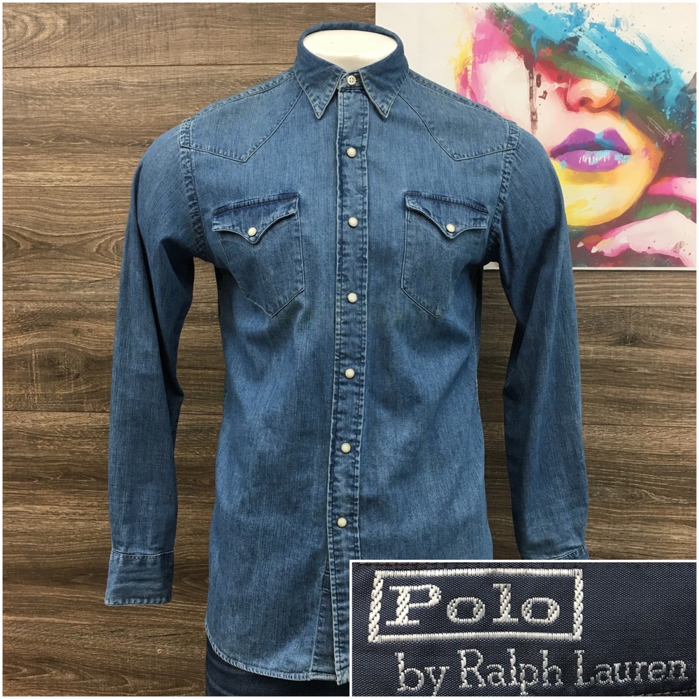 Polo Ralph Lauren Mens Medium Denim Western Shirt Blue Snap Button Long Sleeve